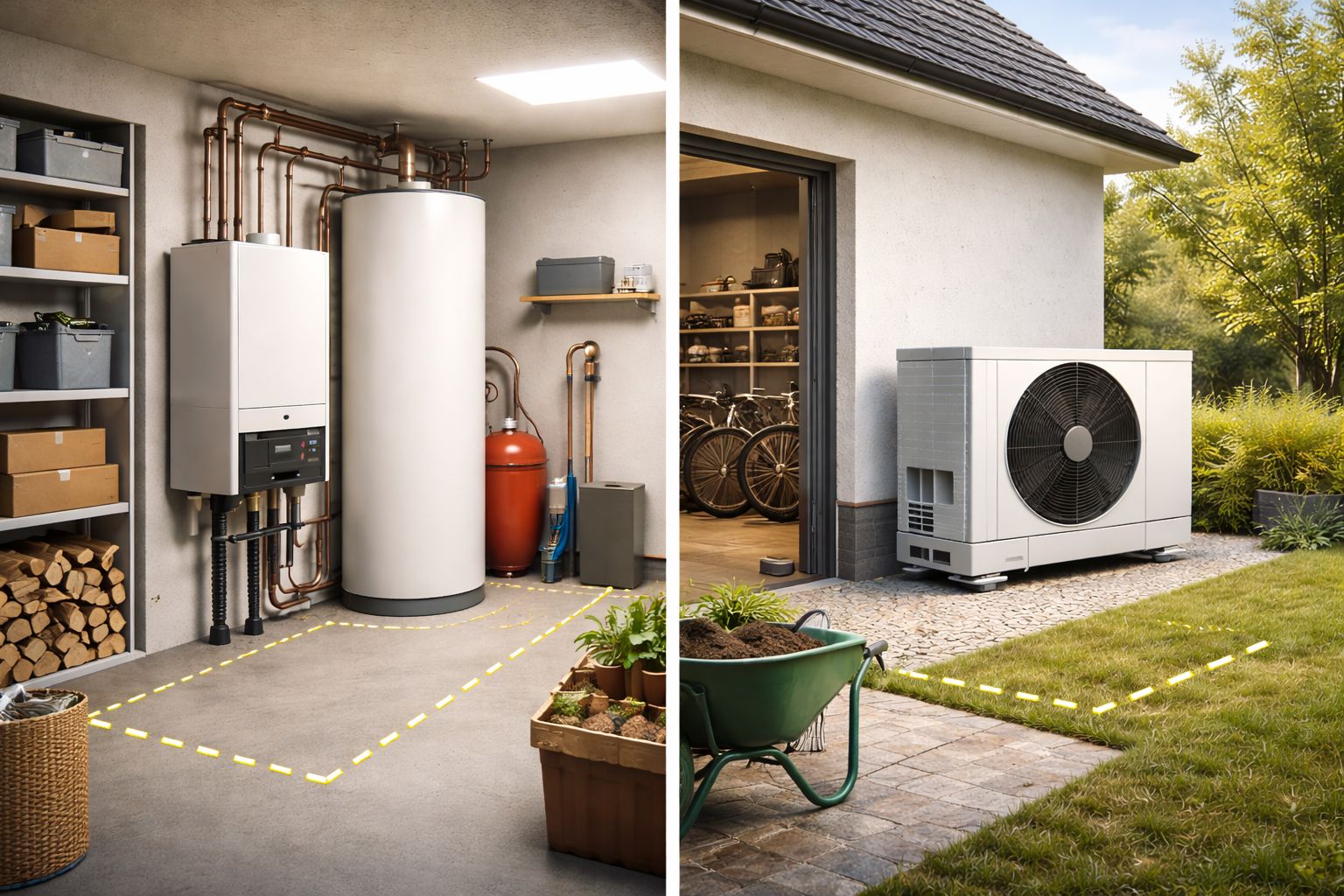 Split-Ansicht einer Wärmepumpenanlage: links Gasheizung, Technikraum mit Warmwasserspeicher, Rohren und Inneneinheit, rechts die außen installierte Wärmepumpe neben dem Haus.