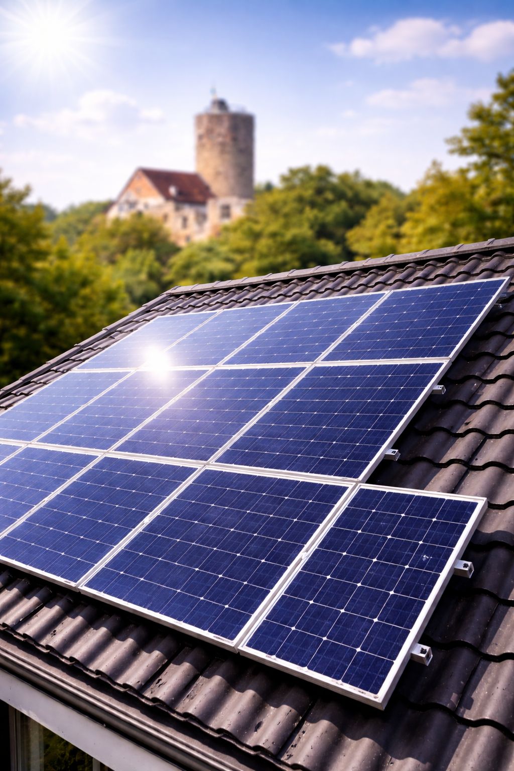 Photovoltaikanlage auf einem geneigten Ziegeldach, im Hintergrund die Burg Thann in Burgthann.