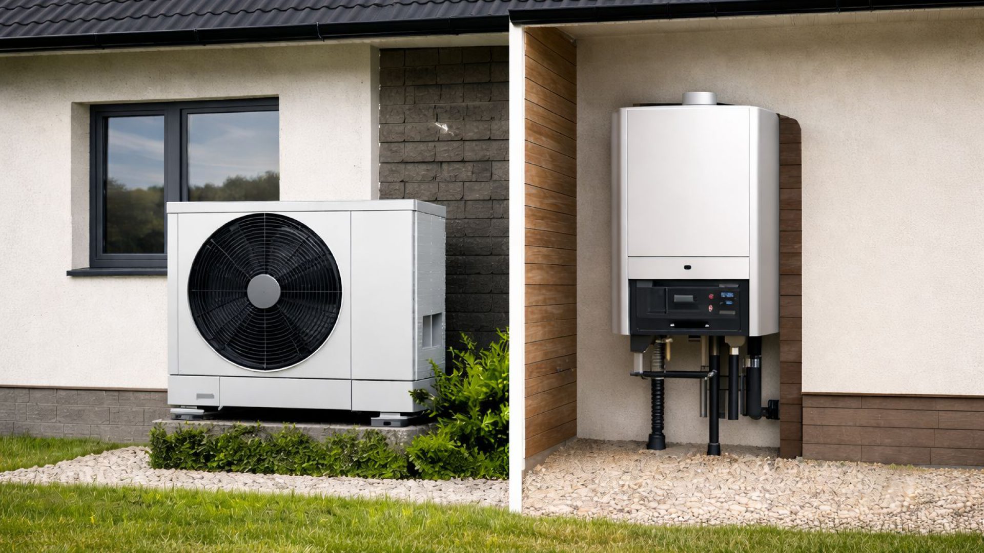 Außenansicht einer Wärmepumpe vor einem Wohnhaus sowie die dazugehörige Inneneinheit an der Hauswand, installiert auf einem Kiesbett im Gartenbereich.